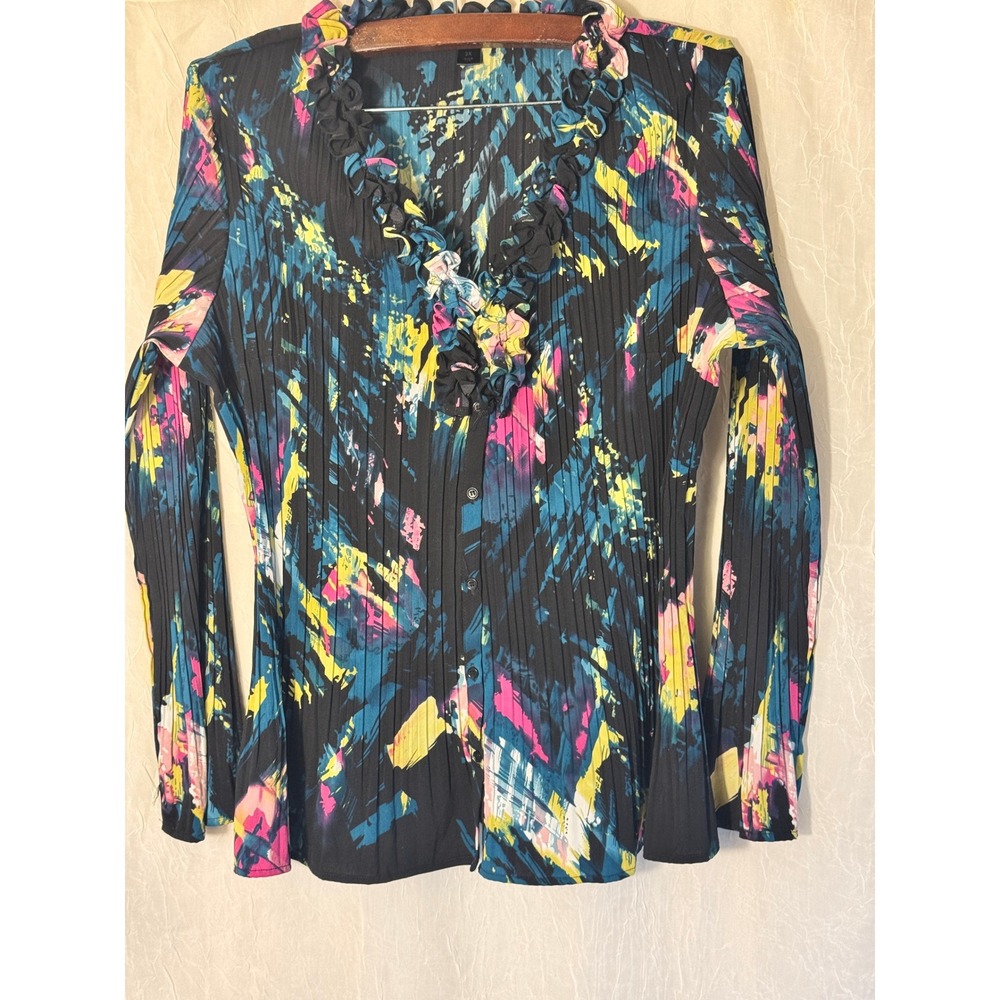 East 5th Woman Blouse Womens 2X Multicolor Abstract Pleated Ruffle Button Front